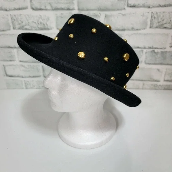 Vintage Black LiteFelt Wool Hat Gold Studded Steampunk Western‎ Bowler Style USA - Picture 4 of 9